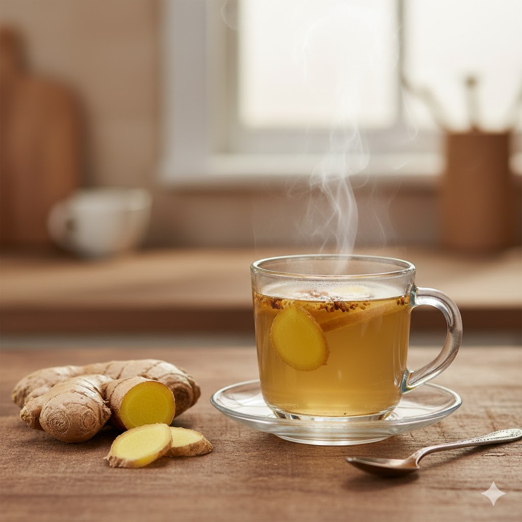 some raw ginger root next to a cup of ginger tea.
