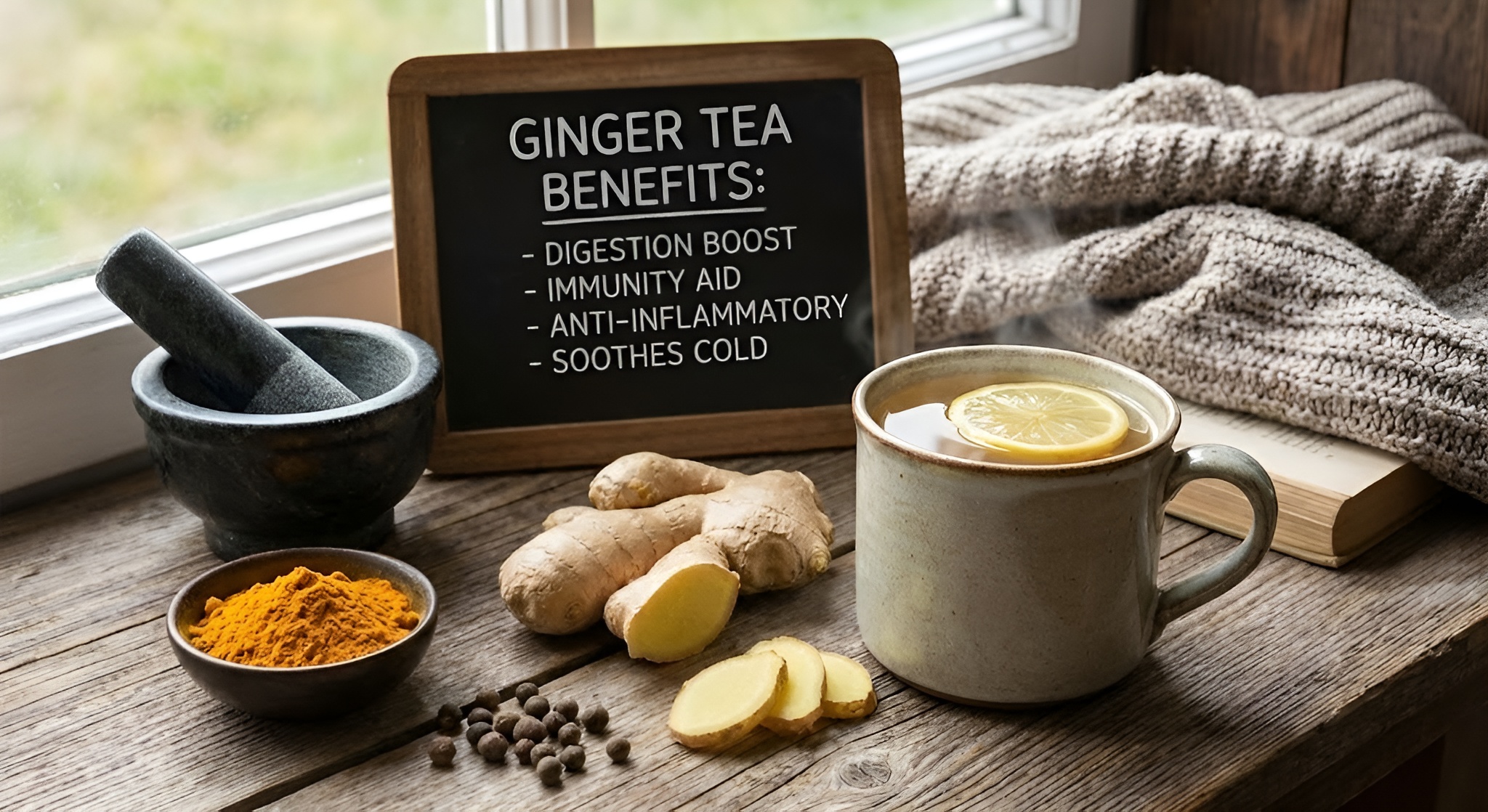 A man visibily with a cold about to sneeze with a lemon and ginger tea in a clear glass mug grasped in his hands.