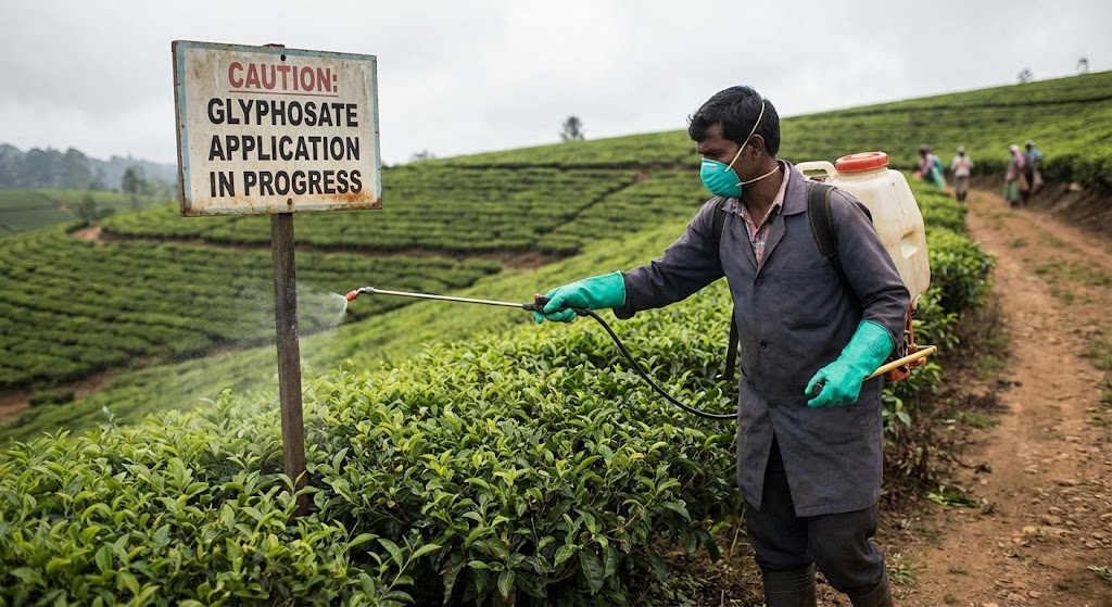 tea plantation worker spraying glyphosate on mature tea bushes before harvest