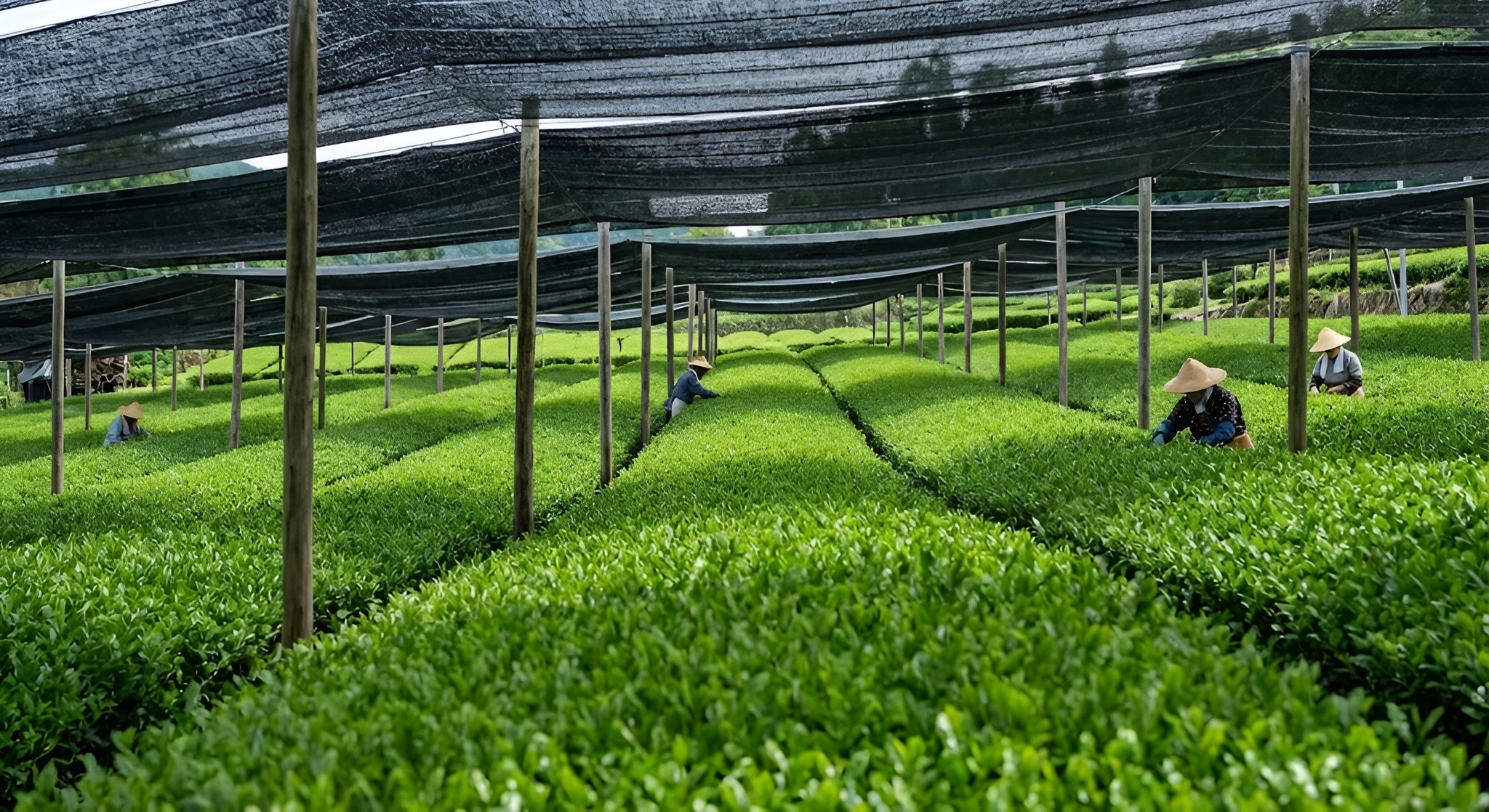Shaded tea fields in Uji, Kyoto with black tarps covering Gokou bushes.