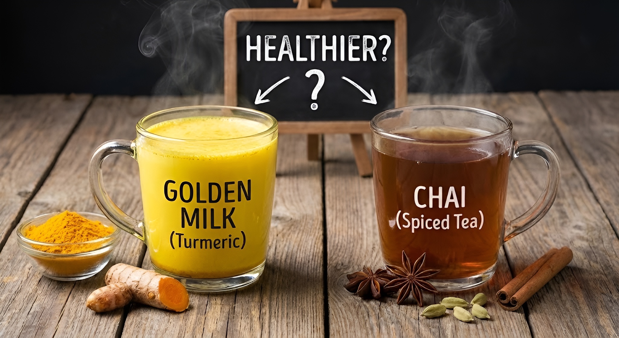 A cup of golden milk and a glass of chai side by side.
