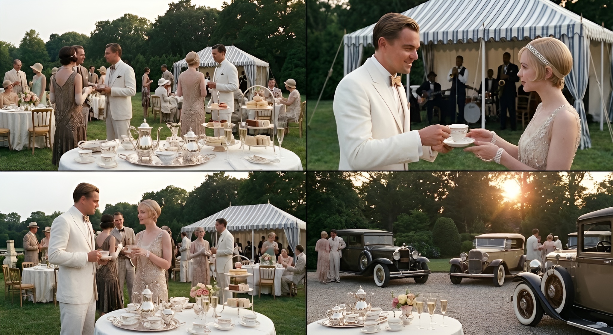 A glamorous Art Deco tea party with silver service and flapper dresses.