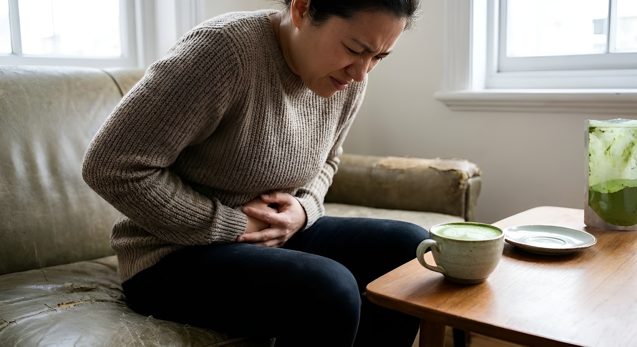 A person holding their stomach in discomfort with a cup of matcha green tea nearby.