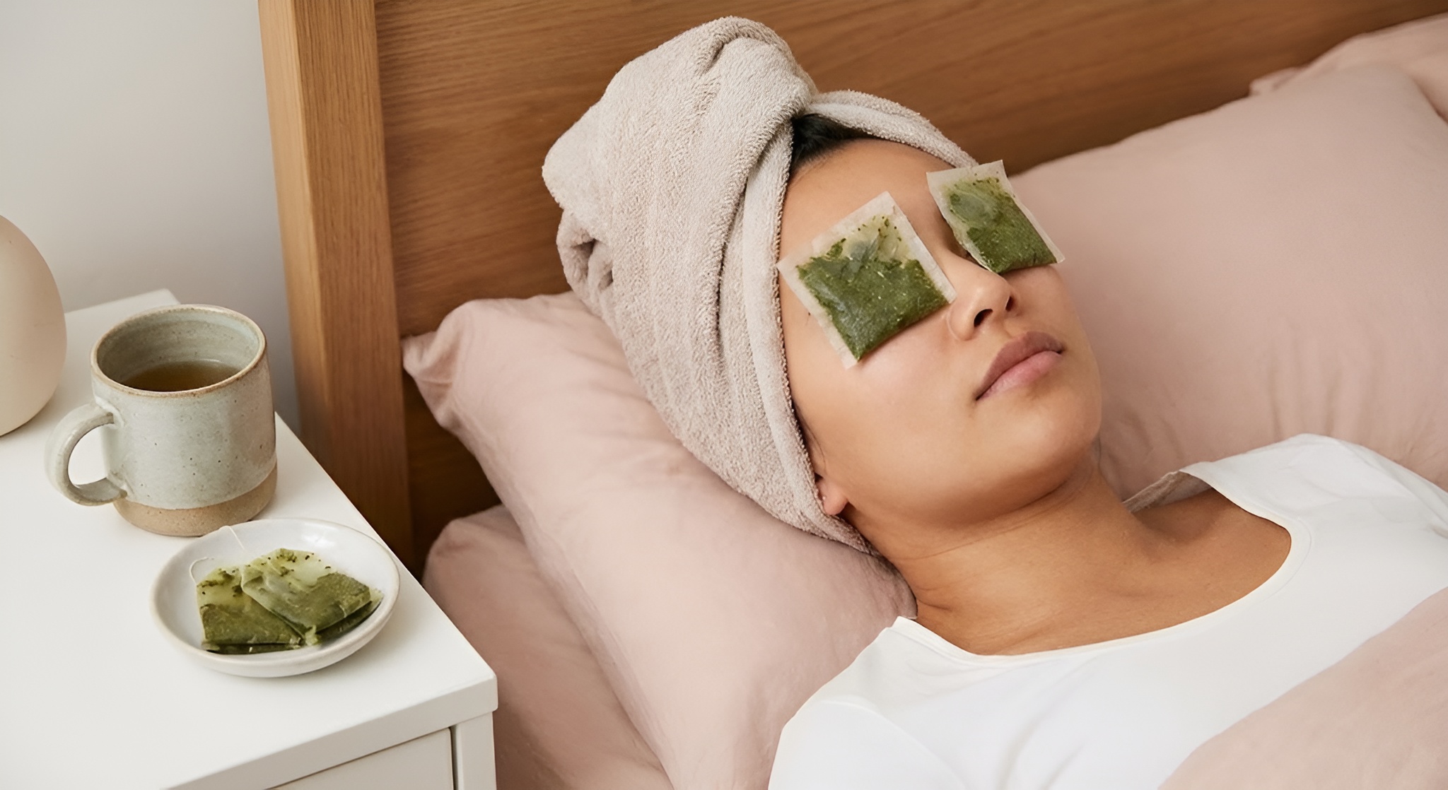 A person relaxing with two green tea bags placed over their closed eyes.