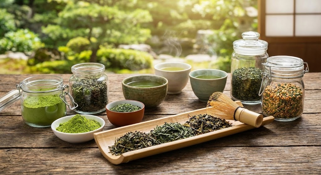 A vibrant display of loose leaf green tea and a brewed cup