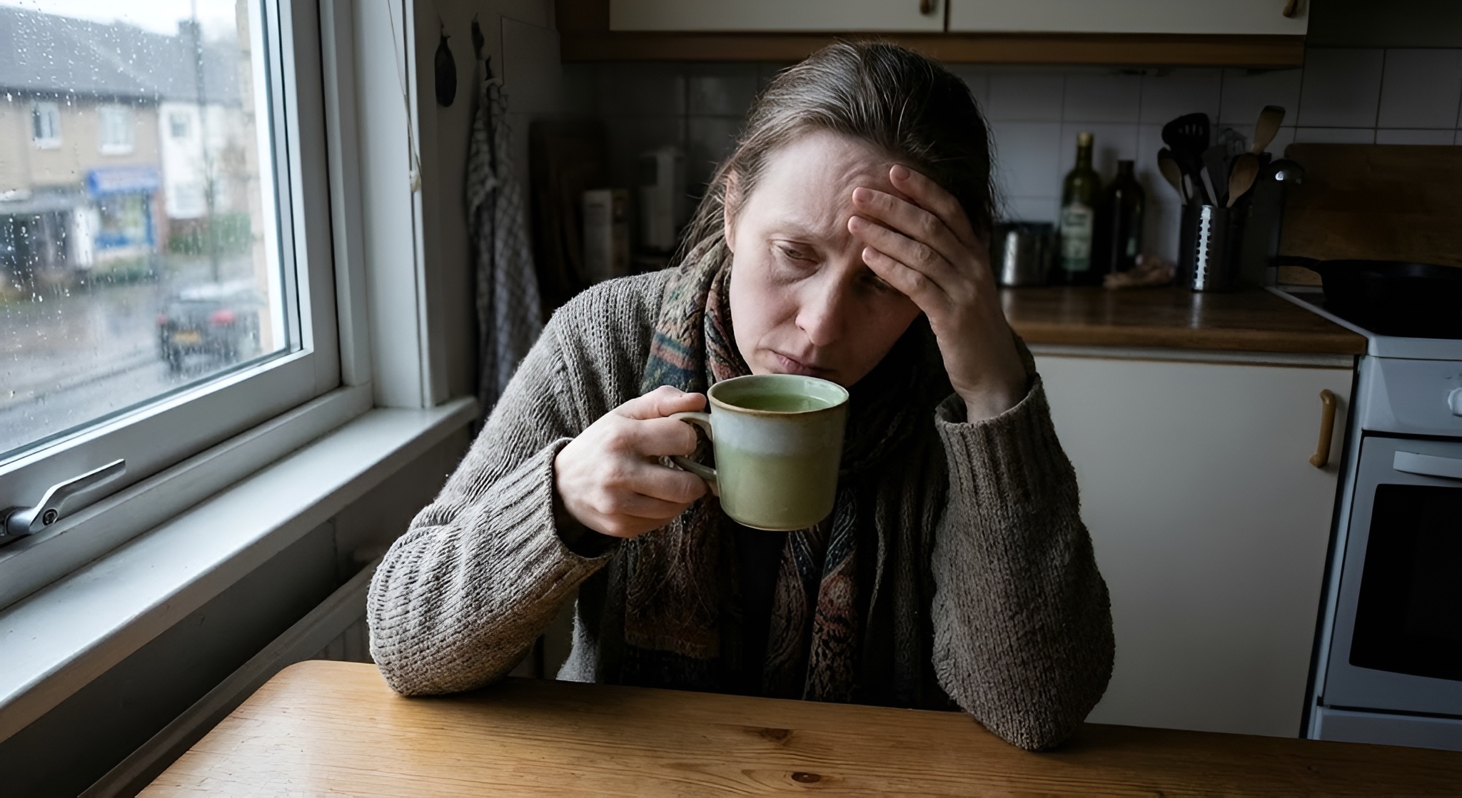 A man visibily with a cold about to sneeze with a lemon and ginger tea in a clear glass mug grasped in his hands.