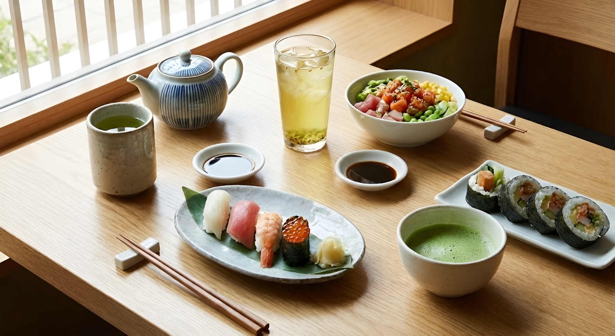 A large ceramic cup of hot green tea (Agari) next to a plate of Nigiri sushi.