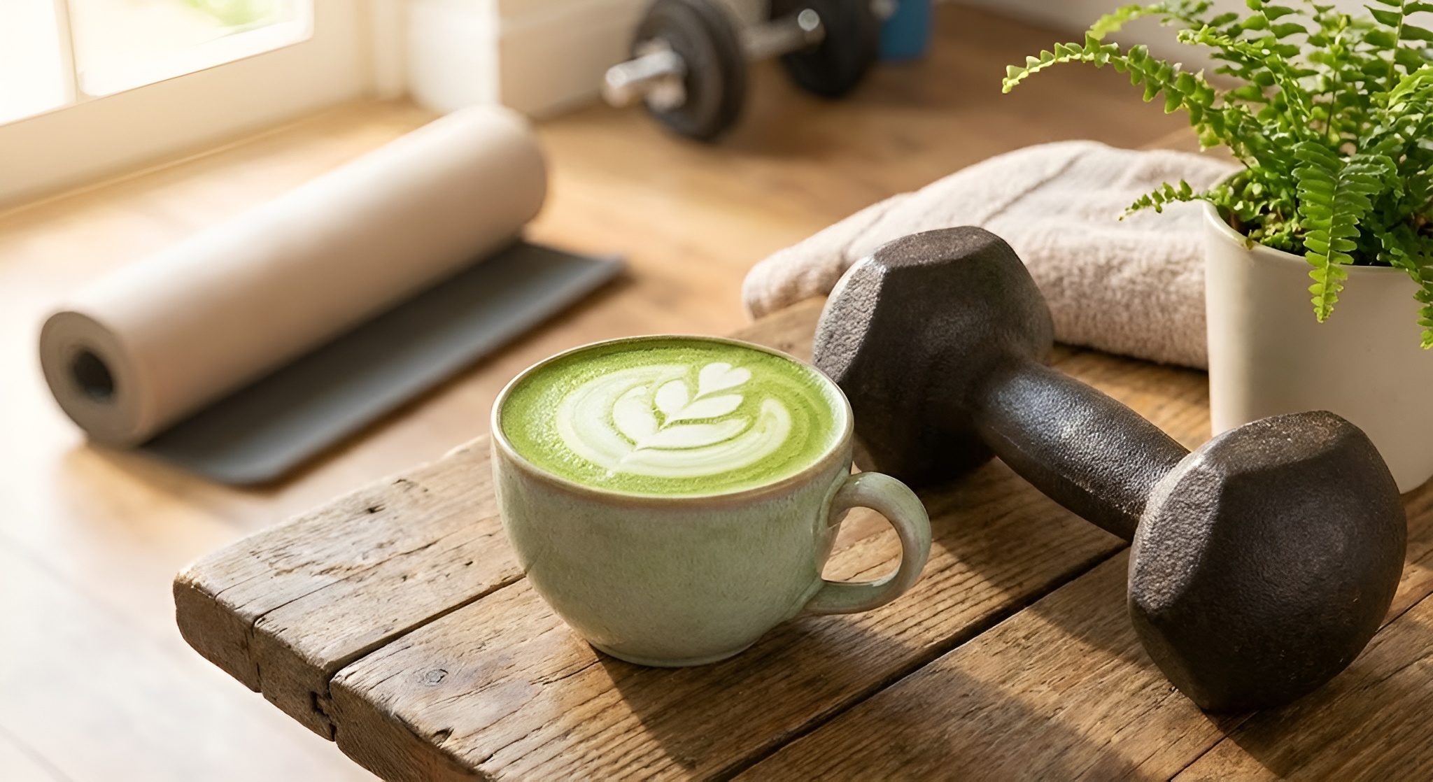 A cup of matcha next to a dumbbell, symbolizing fitness and tea.