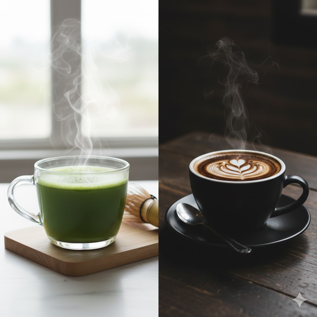 an image of a cup of green tea next to a coffee in a split screen type format.