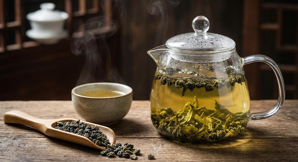 A vibrant collection of loose green tea leaves and a brewed cup.
