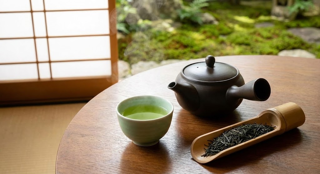A vibrant collection of loose green tea leaves and a brewed cup.