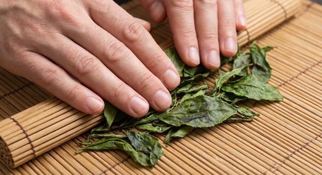 Hand-rolling tea to bruise cell walls and release oils without tearing leaves