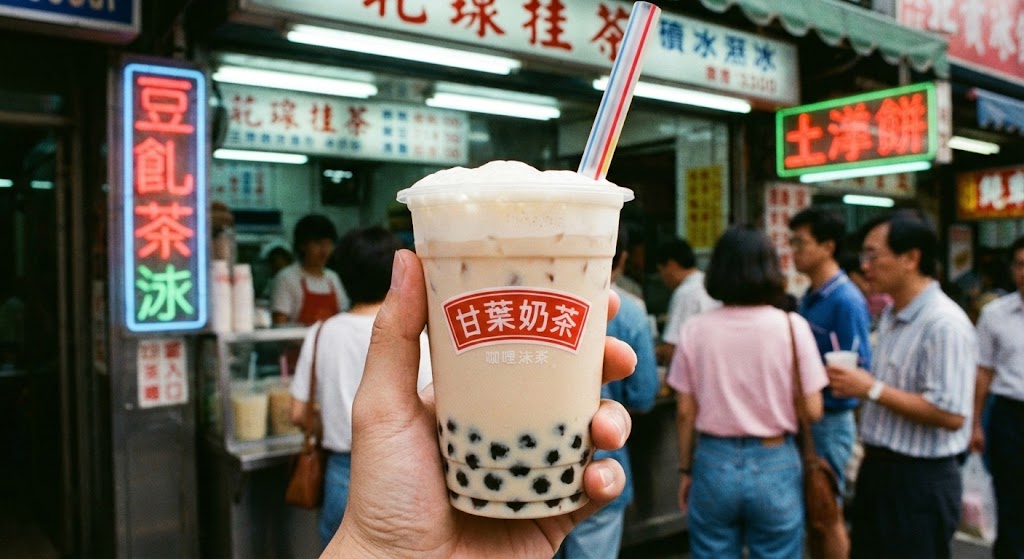 bubble tea with tapioca pearls and thick straw showing foam layer 1980s Taiwan origin