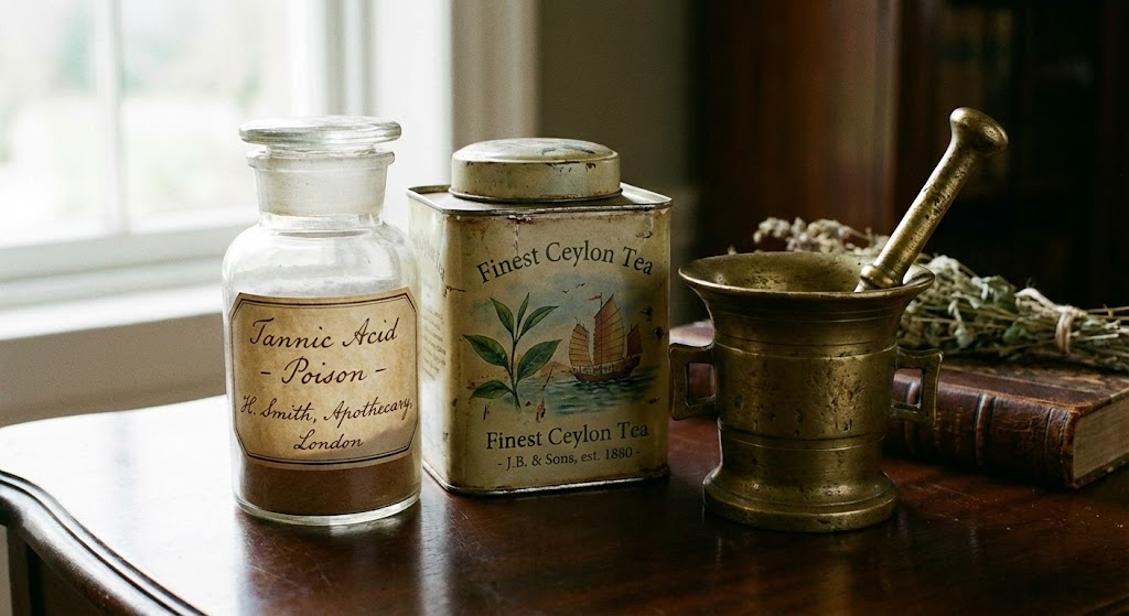 Victorian medicine cabinet with tea and antidote bottles.