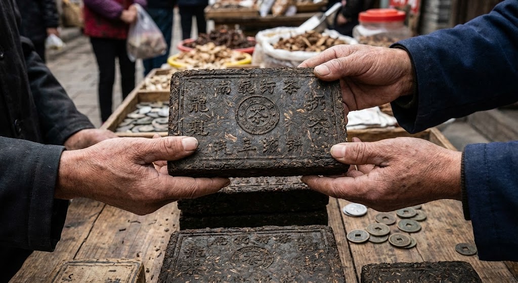 historical tea brick with currency markings and modern survival tea brick