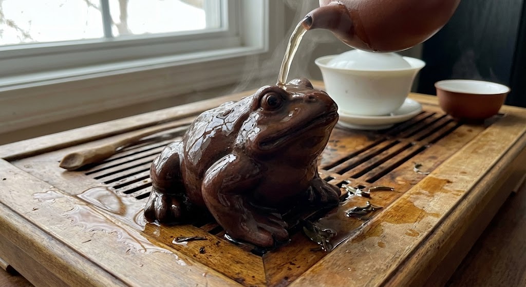 Chinese tea pet clay frog on tea tray with glossy tea patina development