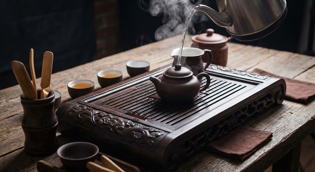 Chinese gongfu tea boat chapan with water being poured over yixing teapot