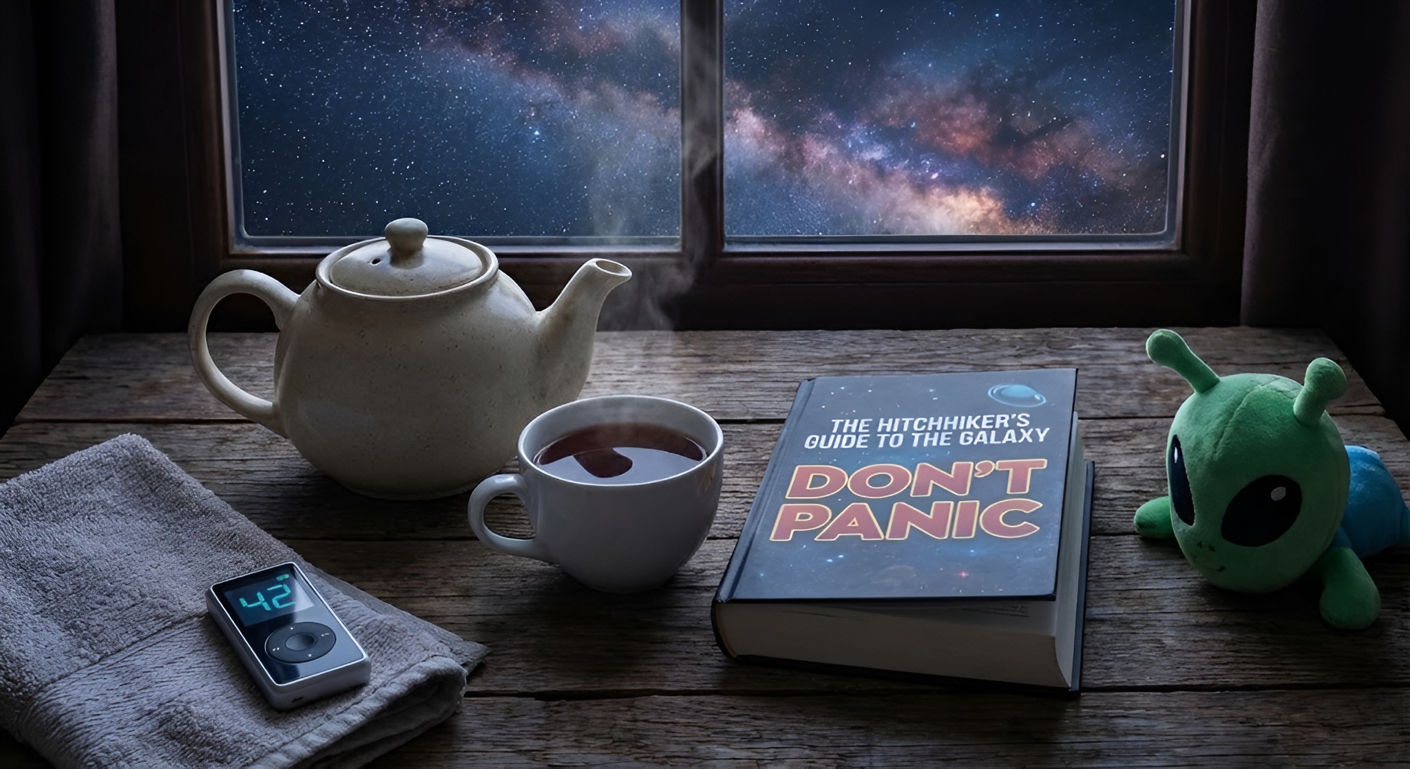 A digital illustration of a cup of tea floating in space next to a towel.
