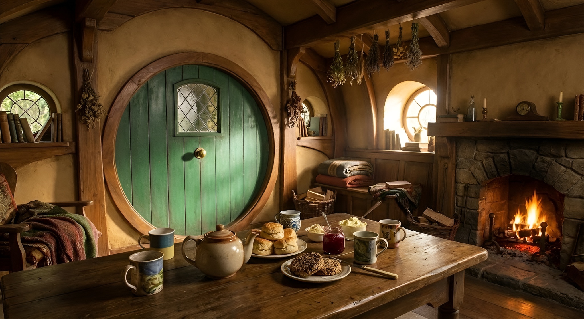 A cozy hobbit hole interior with a round green door and a table set for tea.