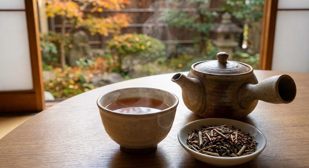 A vibrant collection of loose green tea leaves and a brewed cup.