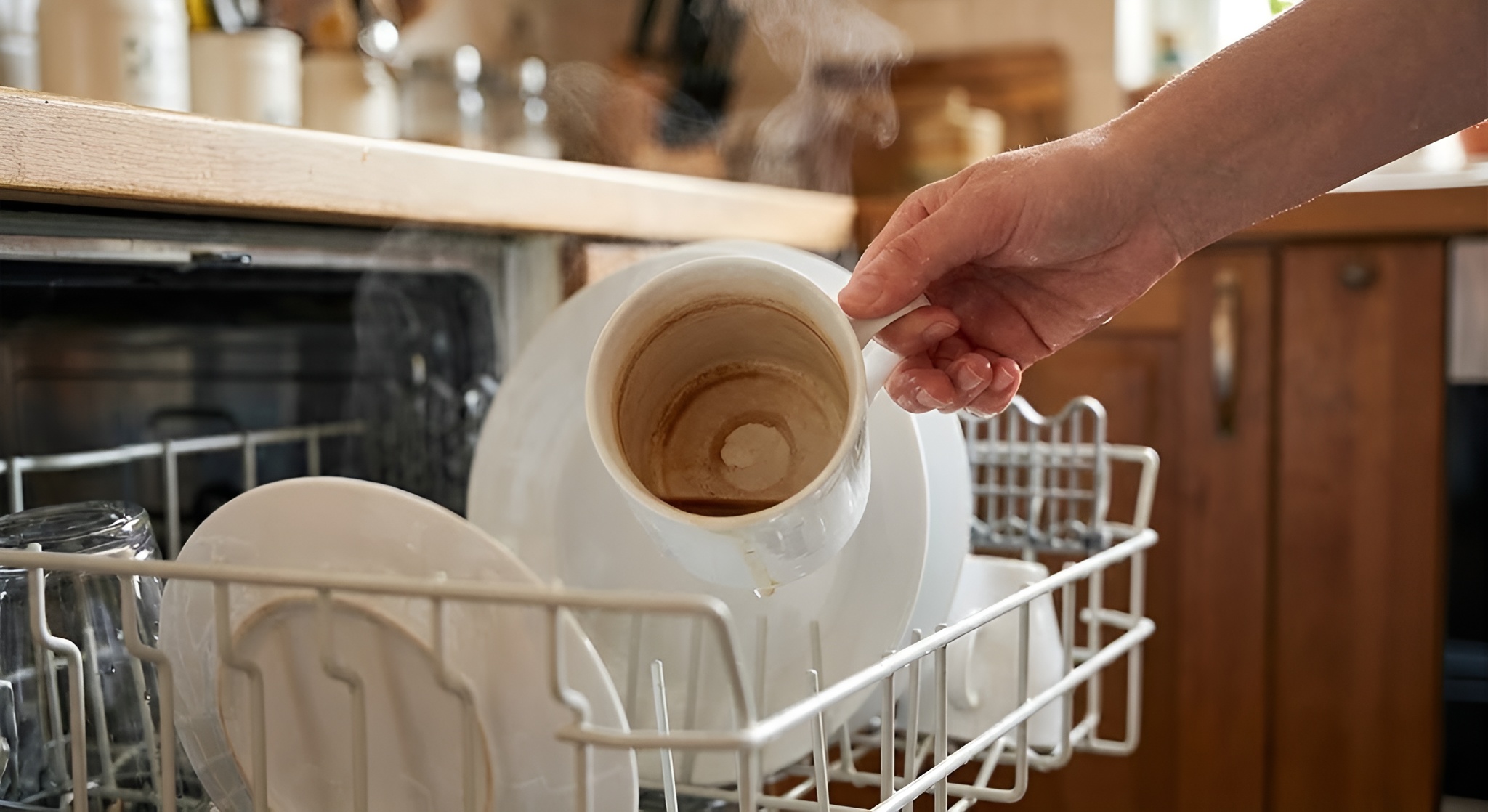 a mug taken straight from the dishwasher but stained with tea marks.