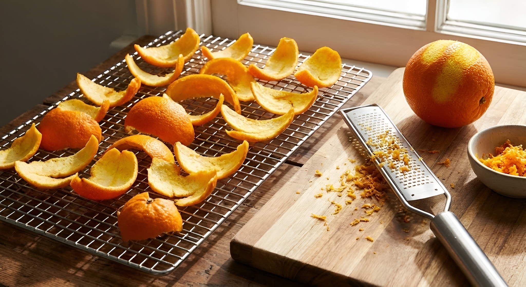 Dried orange peels stored in a glass jar.
