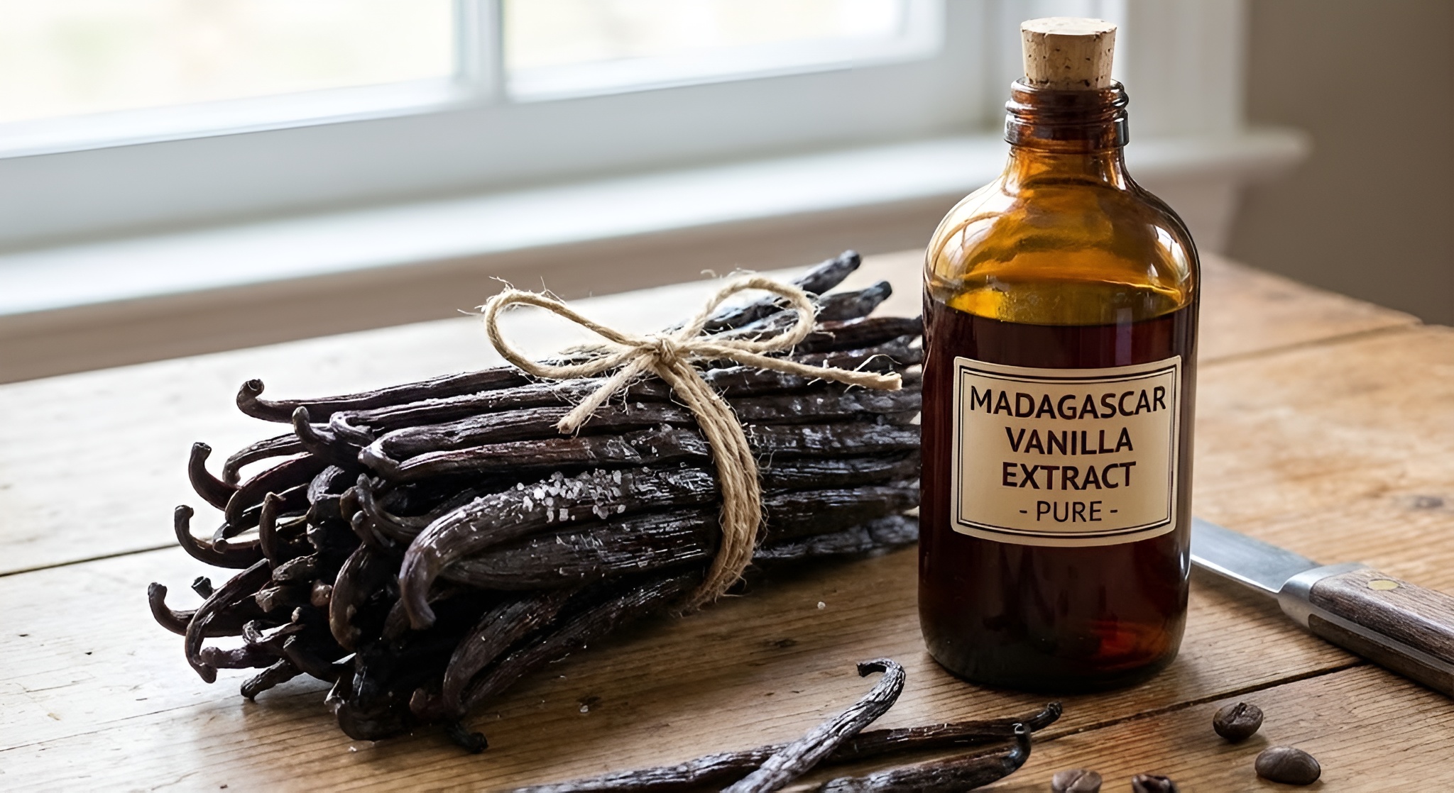 A bundle of dark vanilla beans tied with string next to a bottle of extract.