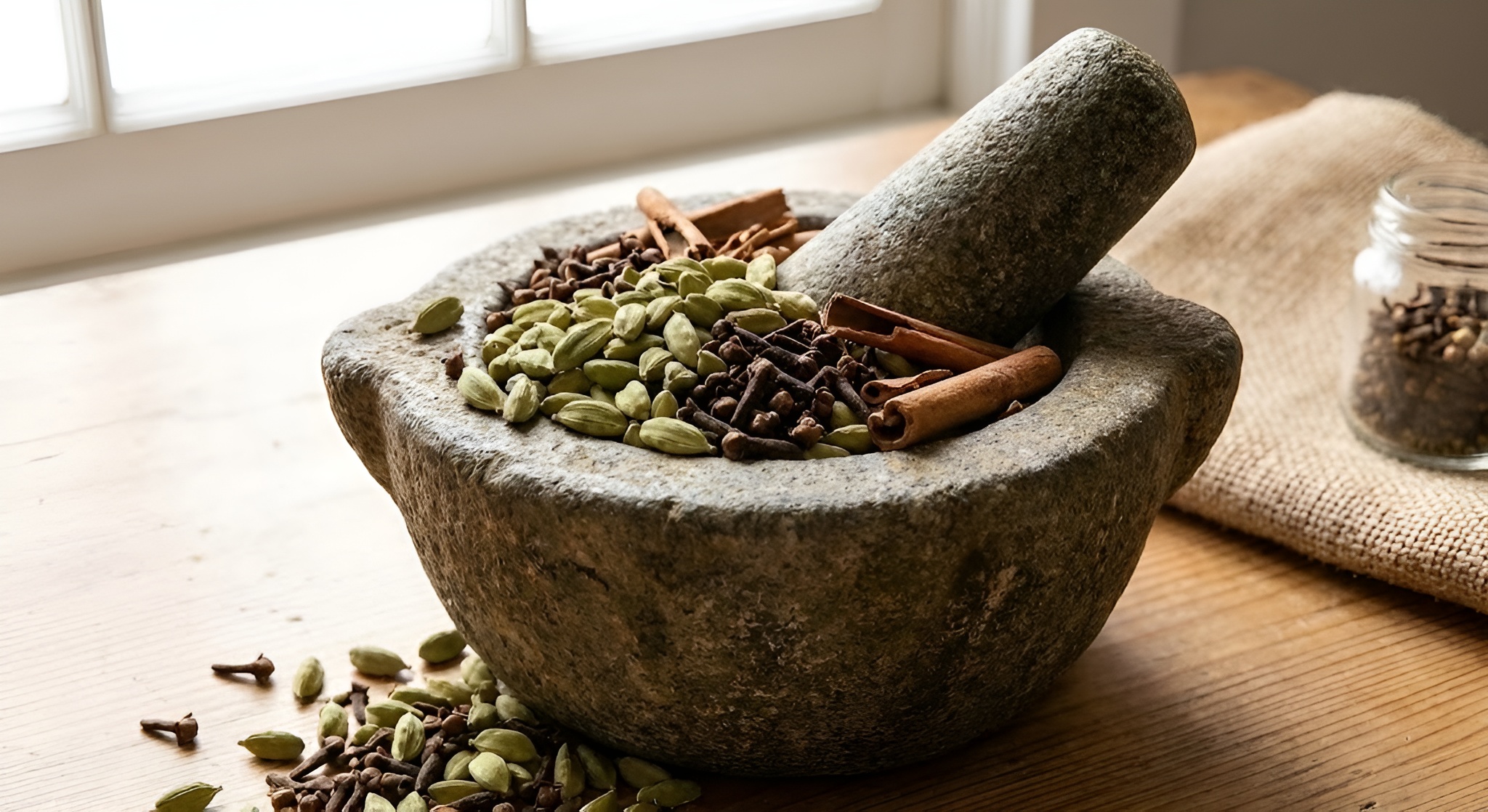 A mortar and pestle filled with whole green cardamom, cloves, and cinnamon sticks.
