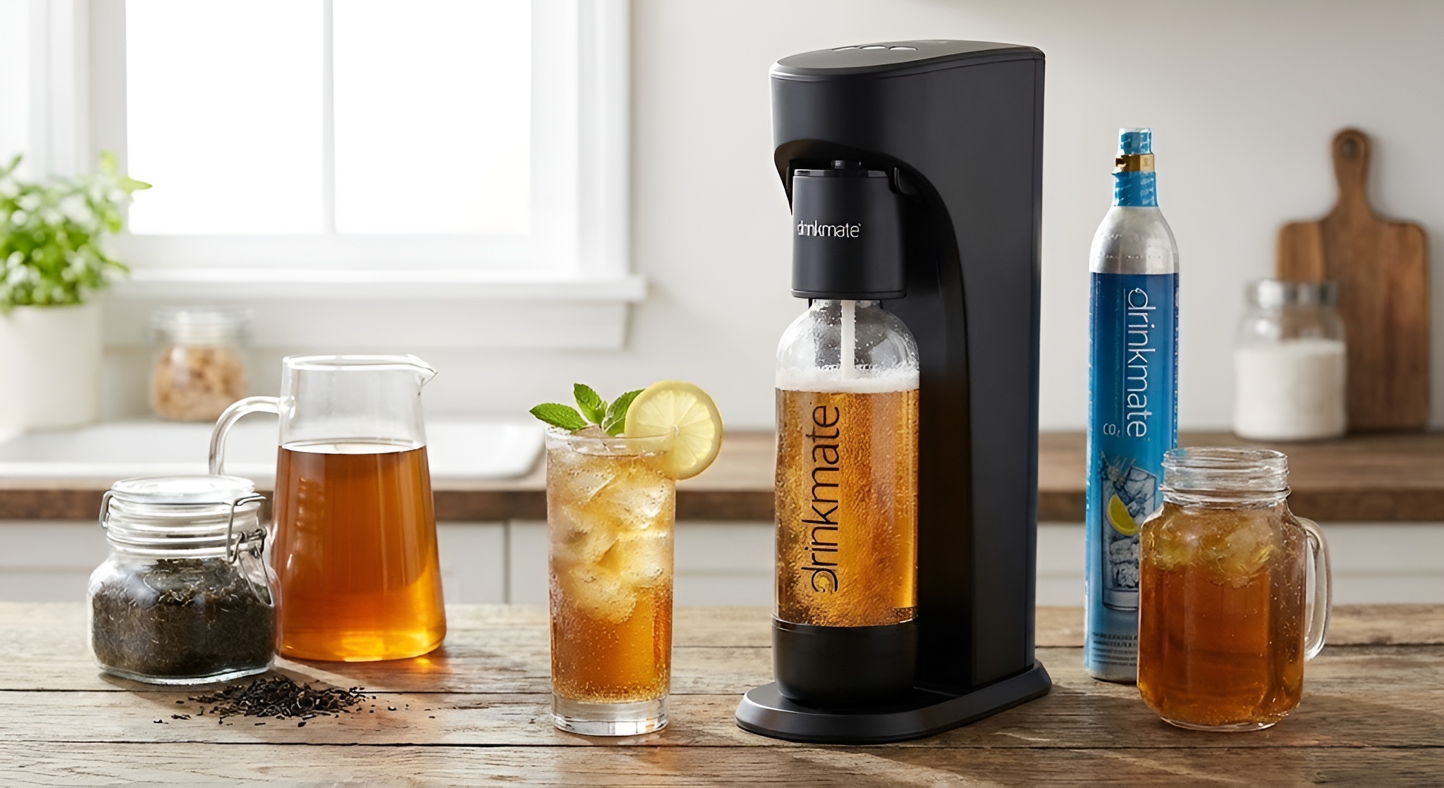 A home carbonation setup with a Drinkmate and a glass of sparkling tea.