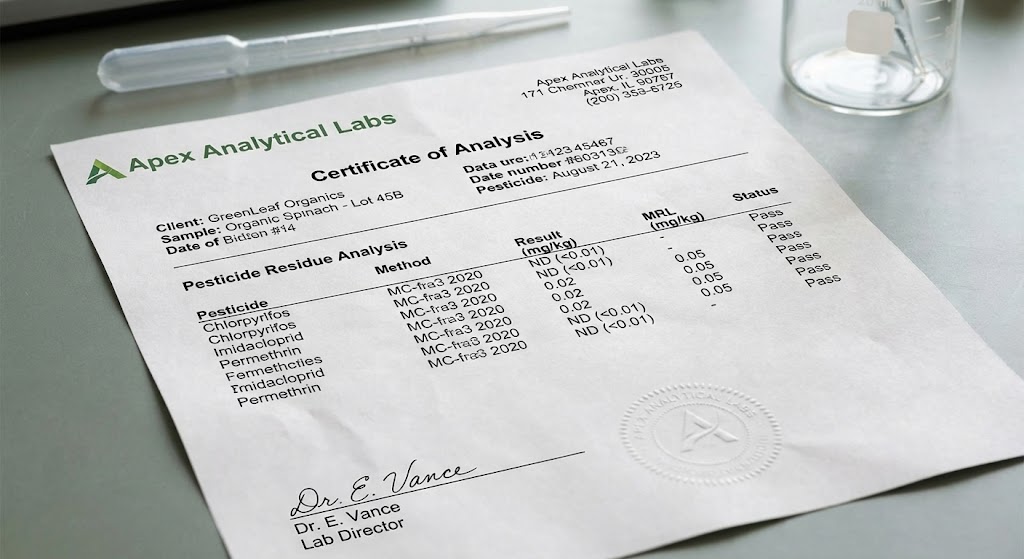 laboratory certificate of analysis showing pesticide testing results