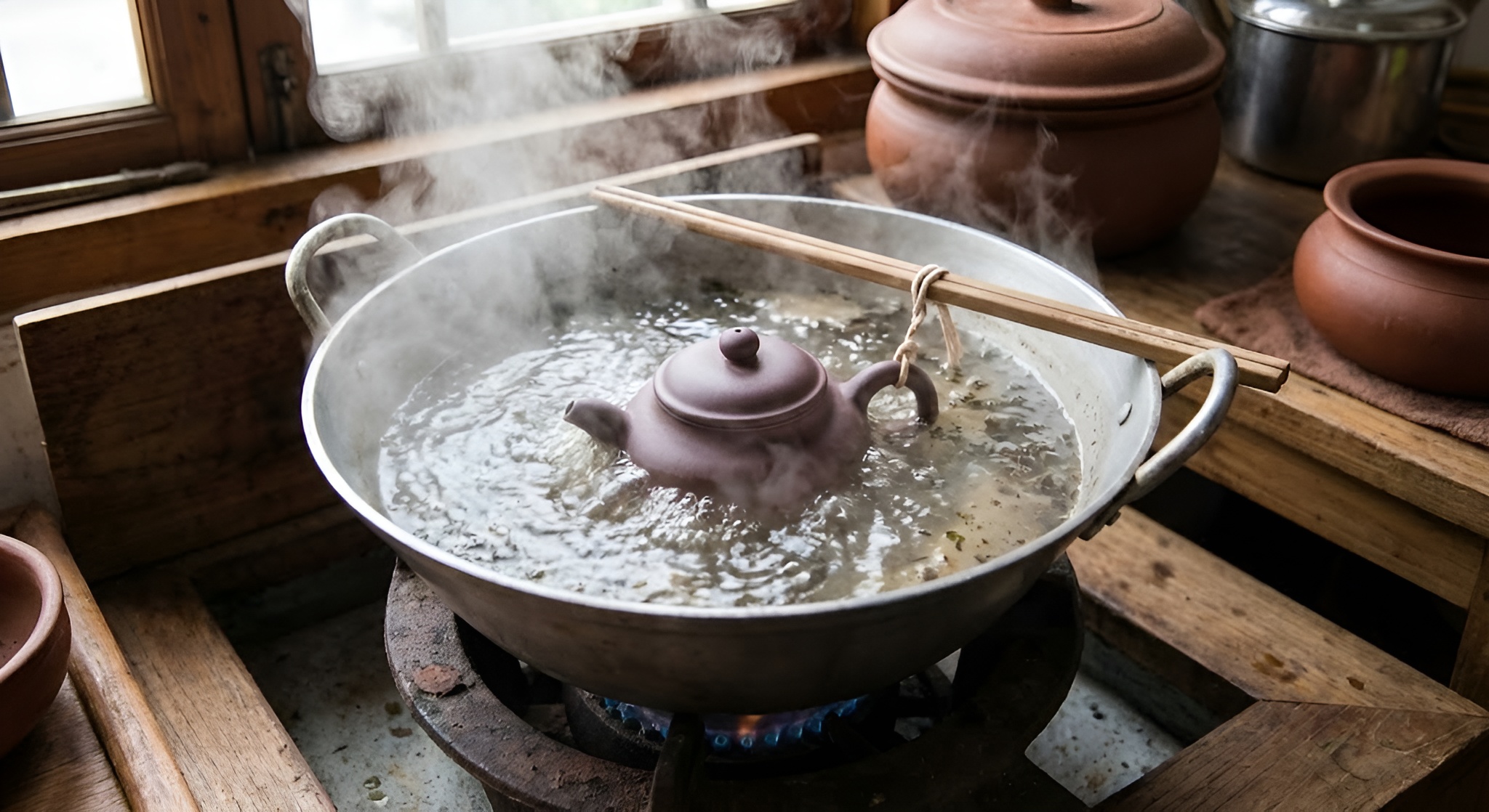 A raw Yixing teapot submerged in a boiling water bath for seasoning.