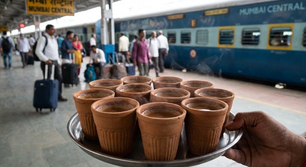 unglazed clay kulhar cups filled with chai tea on Indian railway platform