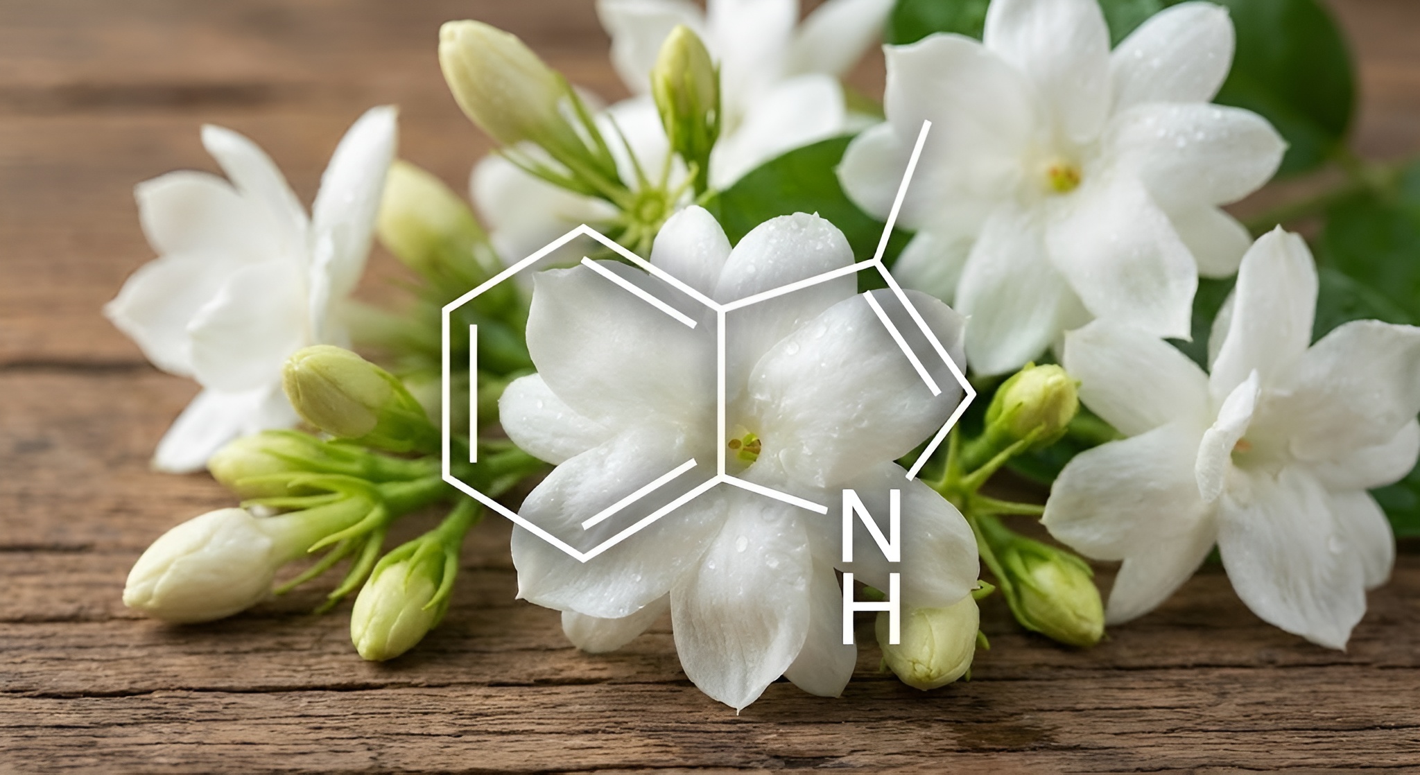 Molecular diagram of Indole overlaid on fresh white jasmine flowers.