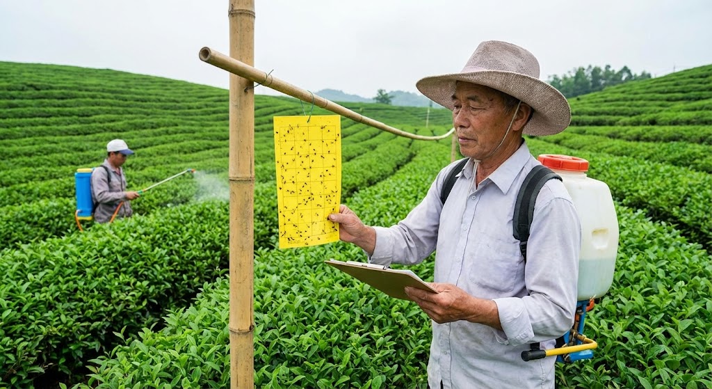 IPM tea farmer using pest monitoring traps and selective spraying