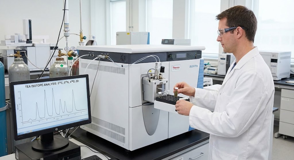 isotope analysis lab equipment testing tea sample with geological map