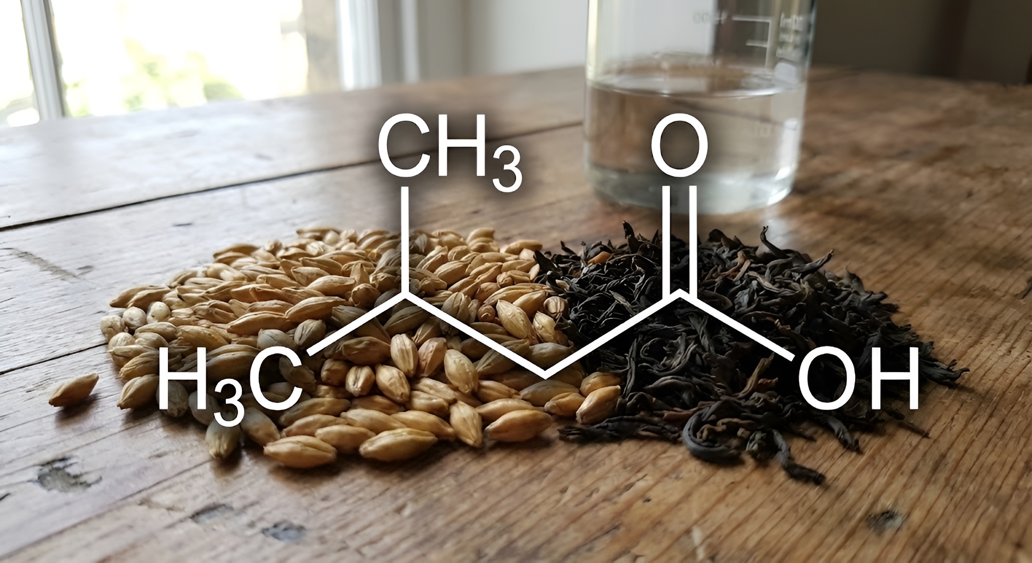 Molecular diagram of Isovaleraldehyde overlaid on malted barley and Assam tea leaves.