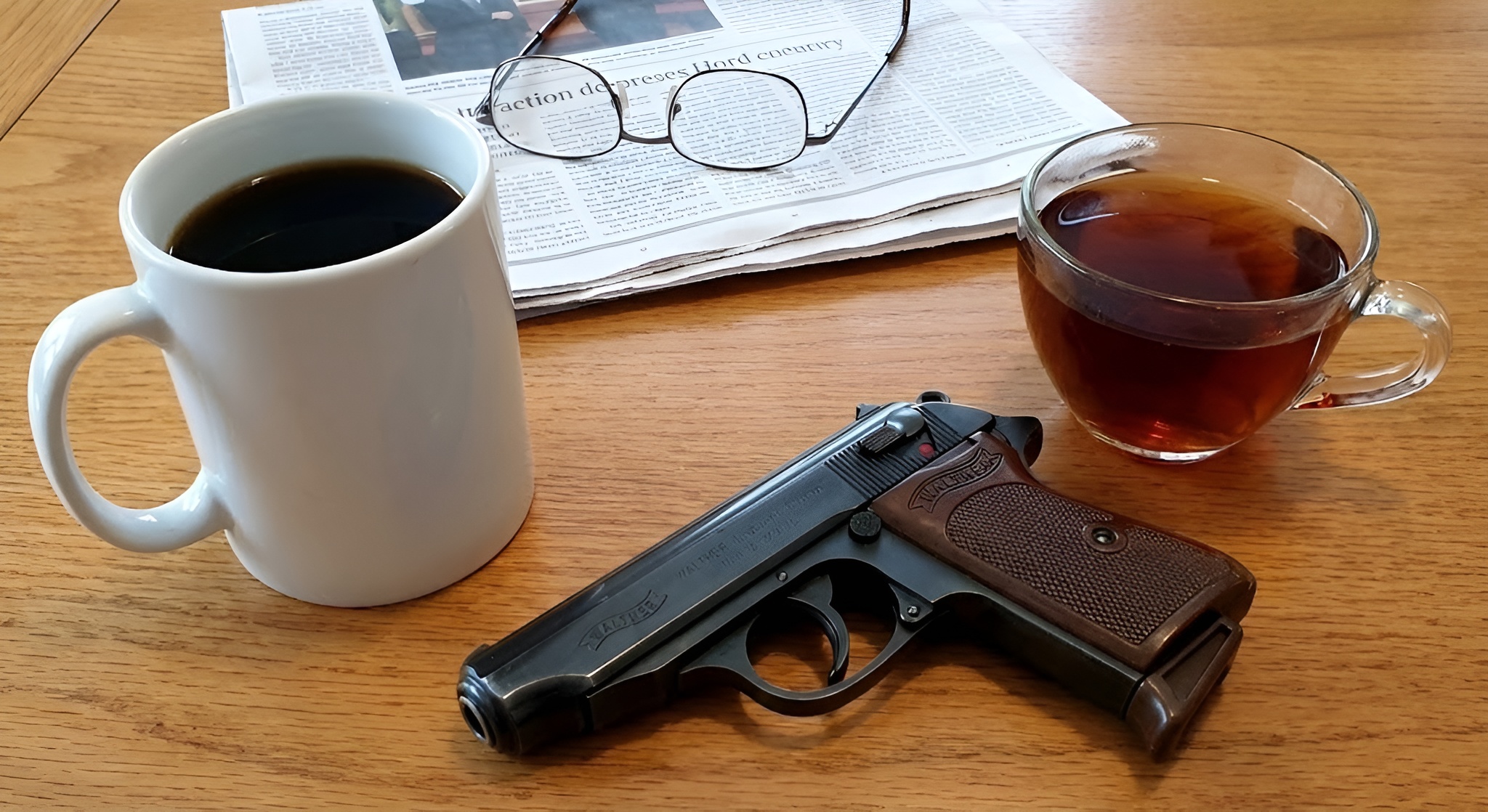 A stylized image of a Walther PPK resting next to a cup of black coffee and a rejected teapot.