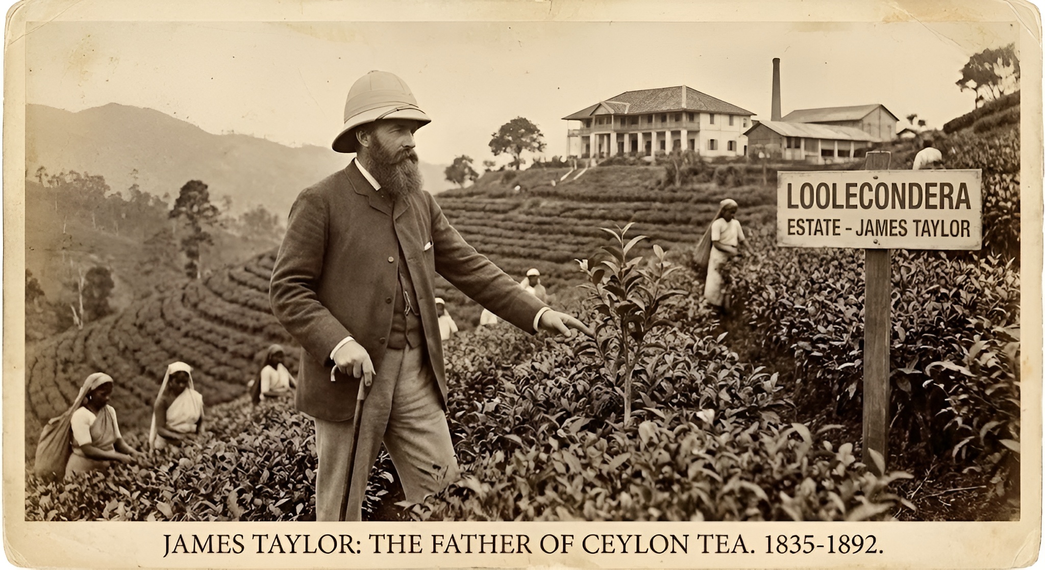 Vintage photograph of James Taylor with his signature beard, seated on the veranda of his bungalow.