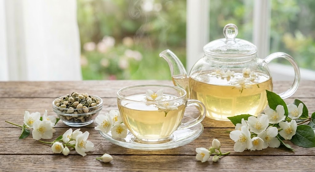 A vibrant collection of loose green tea leaves and a brewed cup.