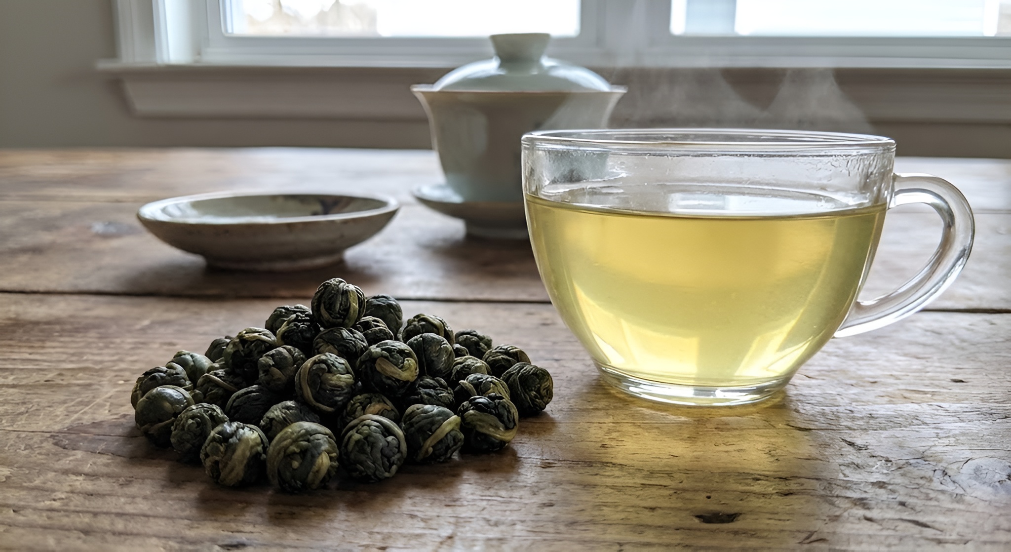 A close-up of rolled Jin Xuan tea pearls and a cup of pale yellow liquor.