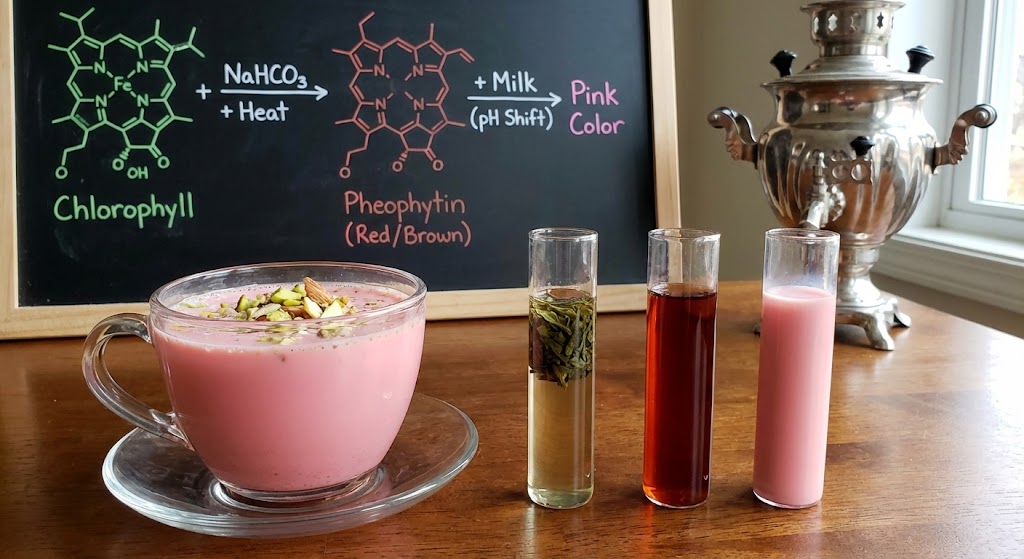 pink Kashmiri noon chai in cup showing chlorophyll oxidation color change chemistry