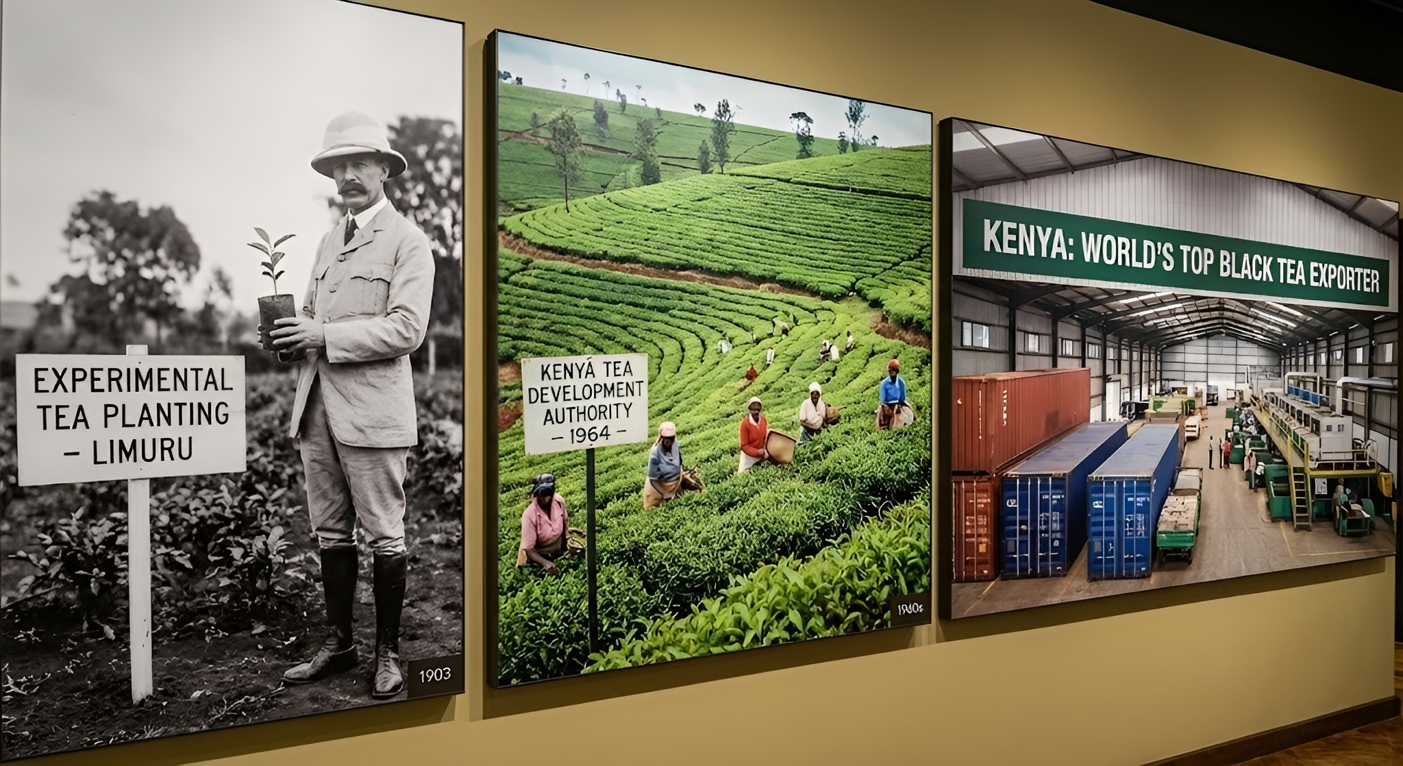 A lush green tea plantation in the Kericho highlands of Kenya with Mount Kenya in the background.