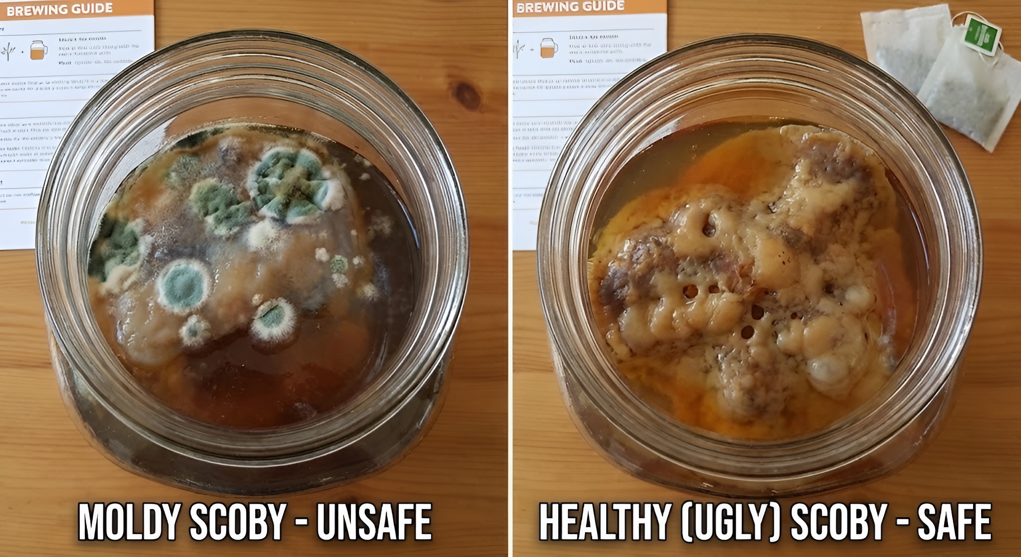 A side-by-side comparison of a moldy SCOBY vs a healthy ugly SCOBY.