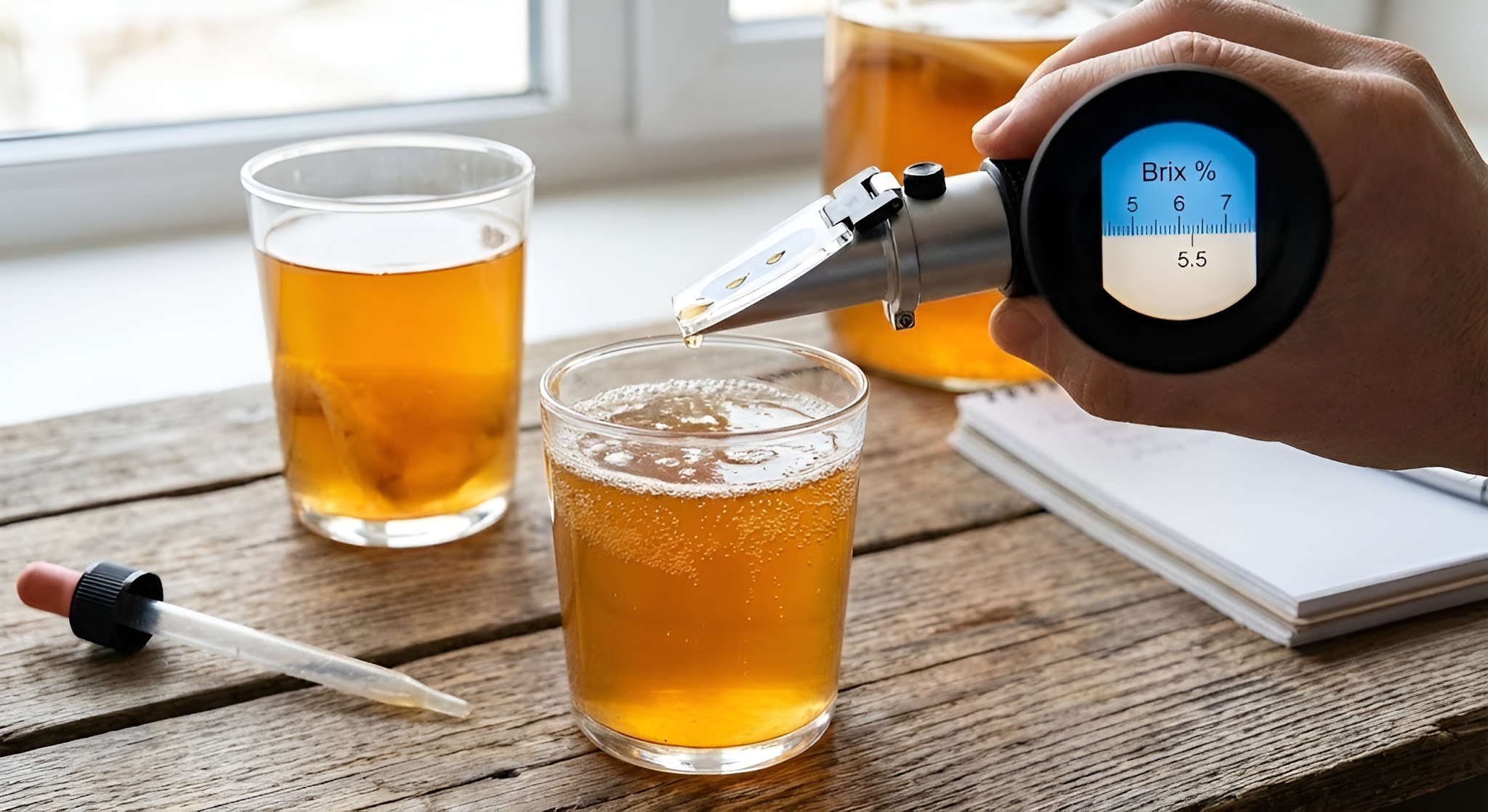 A scientist measuring sugar levels in kombucha with a refractometer.