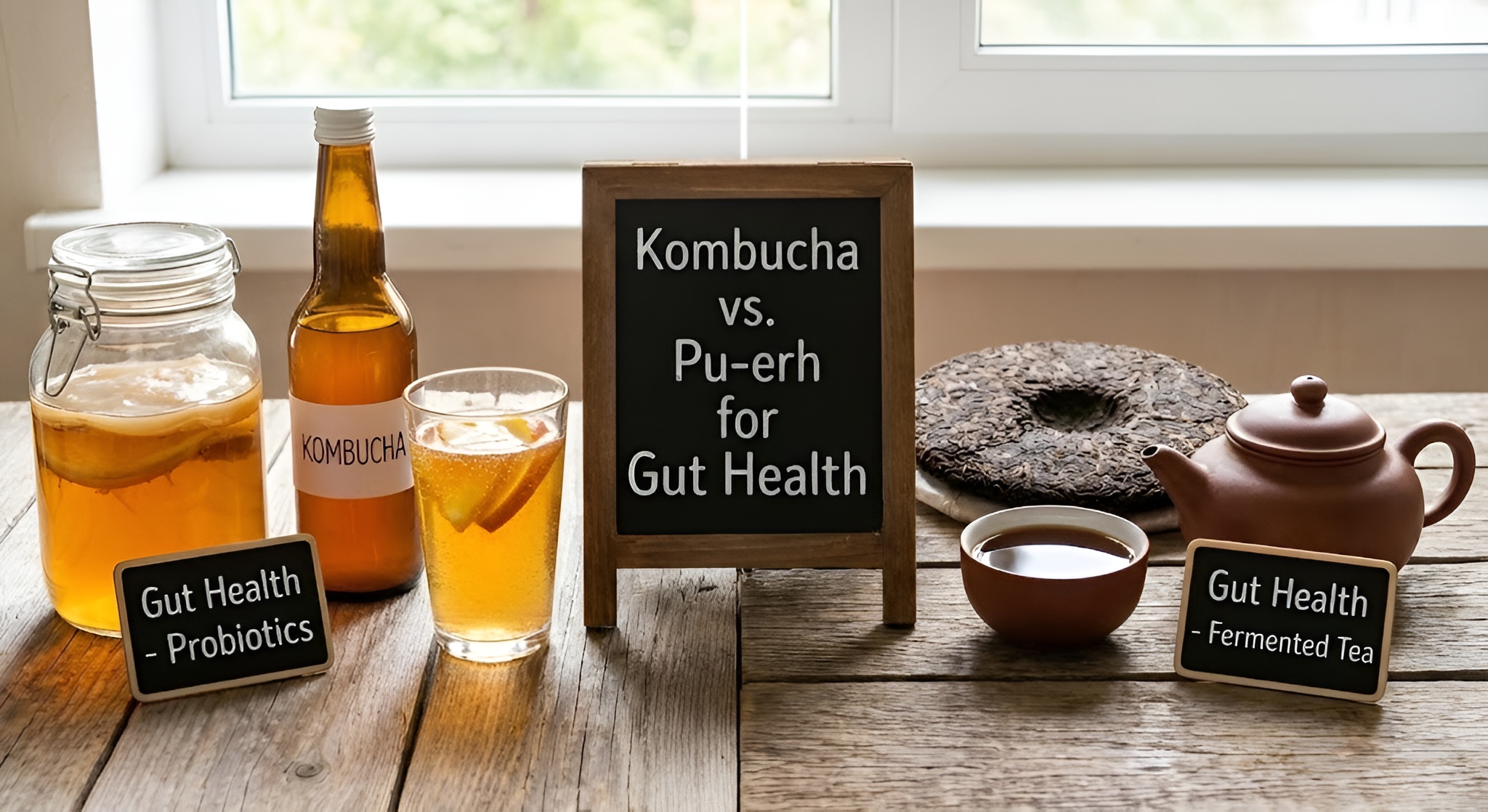 two piles of tea next to each other - one kombucha and ready made, one puerh.