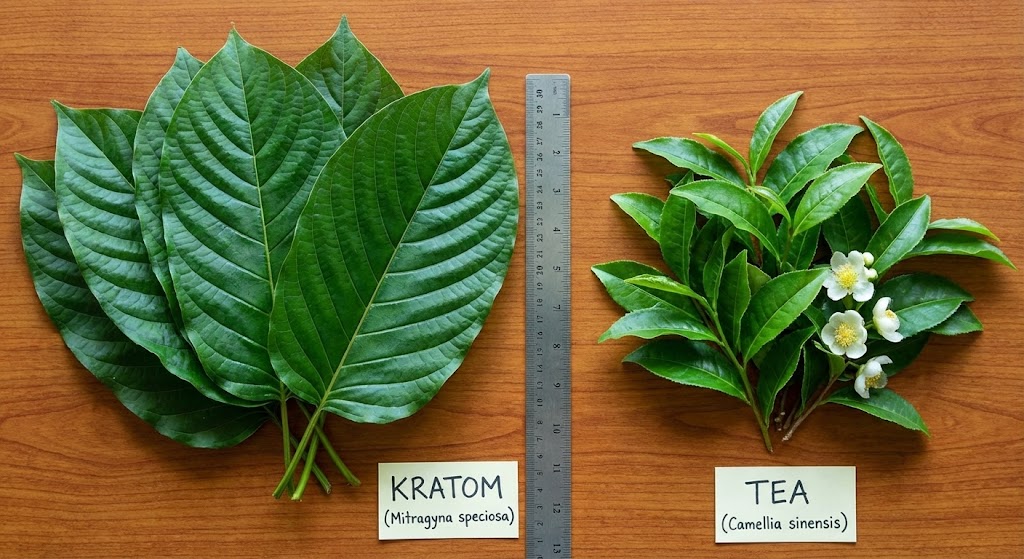 kratom mitragyna speciosa leaves next to tea camellia sinensis showing botanical comparison