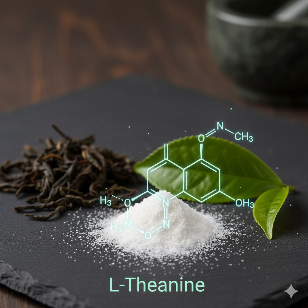an image of chemical compound l-theanine with tea leaves next to it.