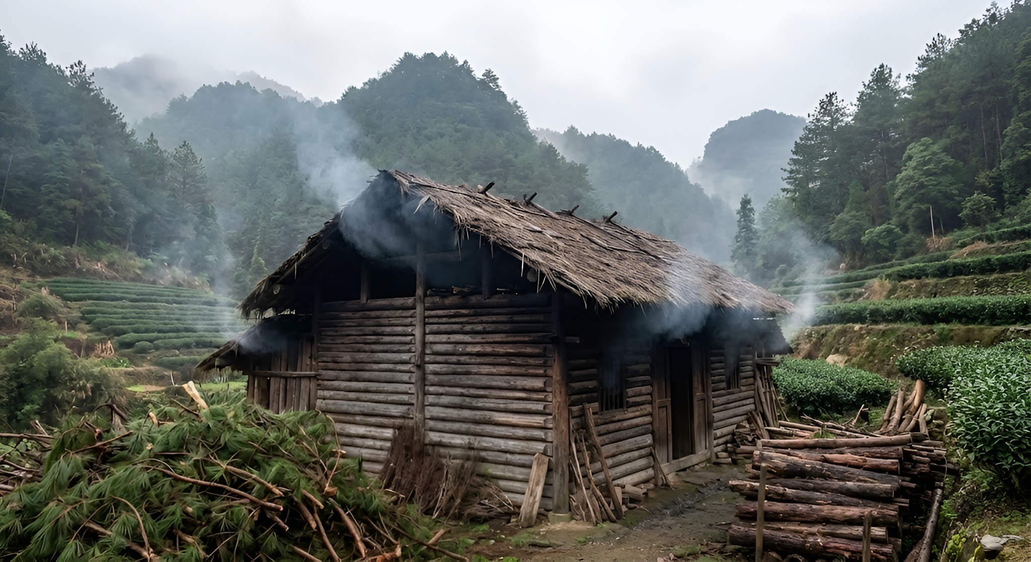 Traditional pine wood smoking shed in the Wuyi mountains.