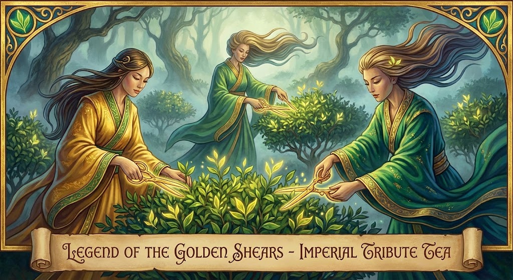 artistic depiction of virgin maidens with golden scissors picking imperial tribute tea myth