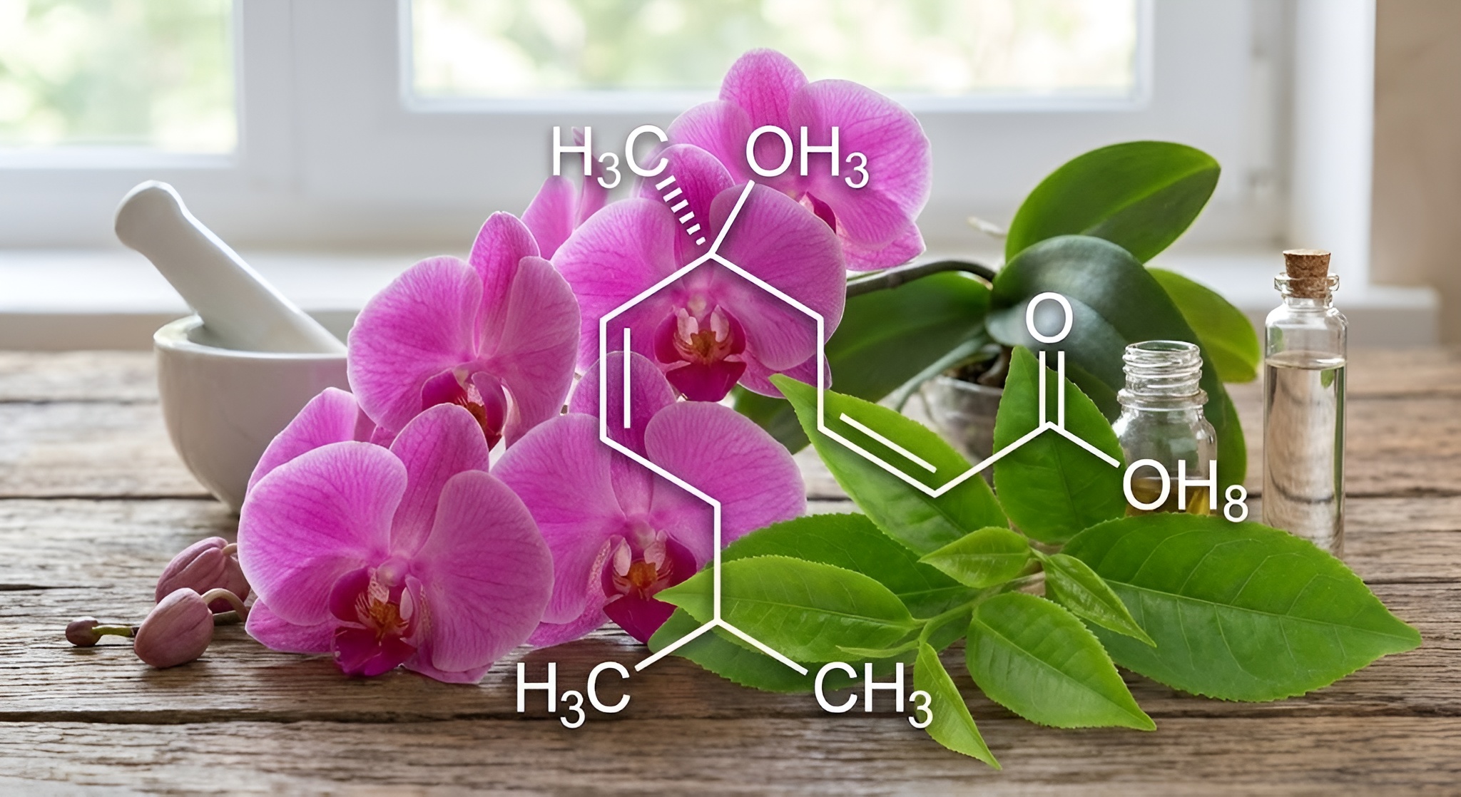 A chemical diagram of Linalool overlaid on a blooming orchid and tea leaves.